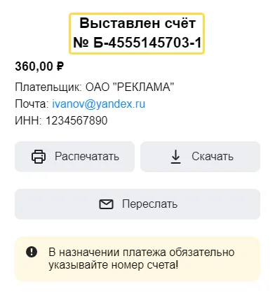 Выставленный счёт с номером, суммой и плательщиком и предупреждение указывать номер счёта в назначении платежа
